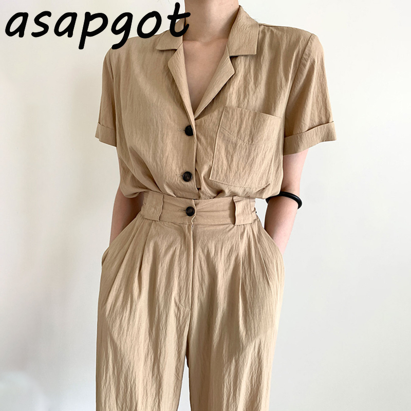 Matching Sets Pants Summer Casual Short Sleeve Turn Down Collar Blouse Tops Single Breasted High Waist Straight Wide Leg Pant 210429