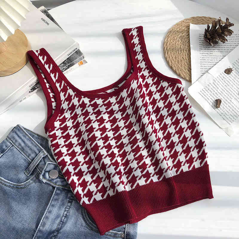 Fashion Plaid color houndstooth o neck sleeveless knit vest women's Korean casual slim short suspender top womens tank tops 210508