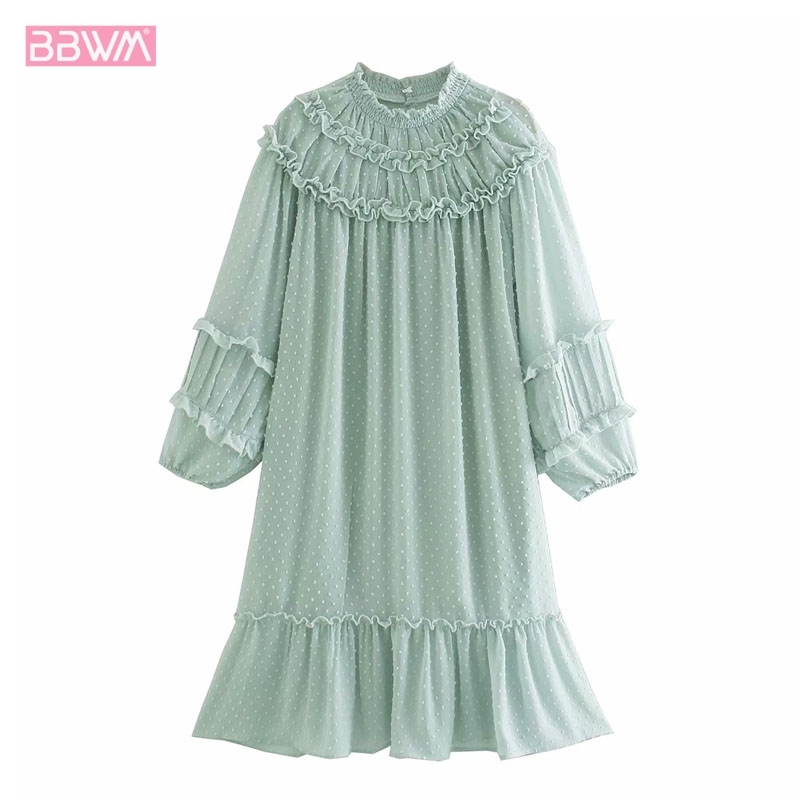 Fashion Women's Round Neck Retro Long Sleeve Dress Temperament Sweet Chic Laminated Decoration Tulle Dress Female 210507