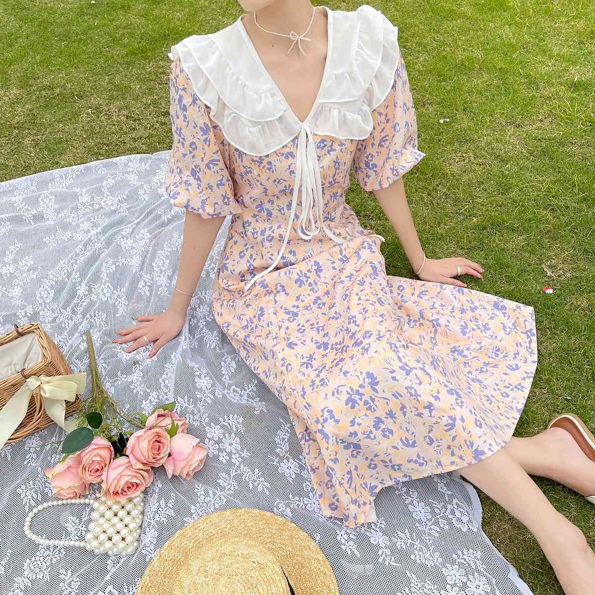 Summer Sweet Ruffles Bow Peter Pan Collar Puff Sleeve Flower Print Chiffon Dress France Women Chic Slim Waist Casual Party 210519
