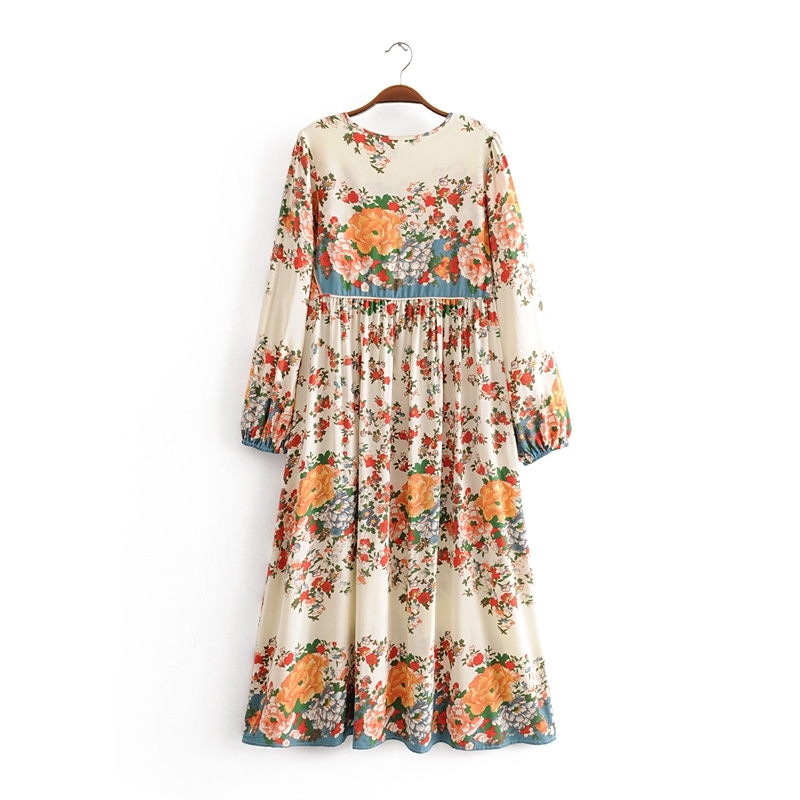 beauty Fashion Boho Floral Print Maxi Dress Women Summer Chic Holiday Wear O-neck Bow Tie Loose Long Dresses Female 210514