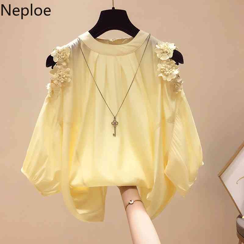 Neploe Tops Mujer O Neck Shoulder Strapless Sexy Chiffon Shirt Feminino Pullover Long Sleeve Loose Solid Blusas Spring Blouse 210422