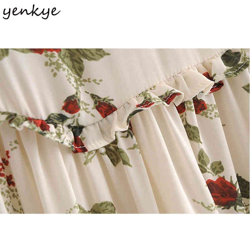 YENKYE Vintage Prairie Chic Floral Print Dress Women High Neck Long Sleeve Casual Summer Chiffon Dress Short Robe Femme 210515