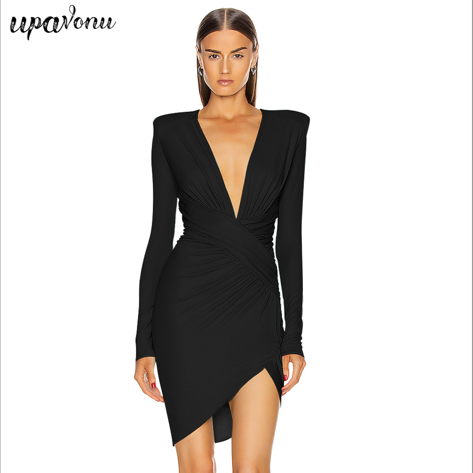 Free Women's Black Dress Sexy V-neck Long Sleeve Bodycon Draped Celebrity Club Party Mini Vestidos 210524
