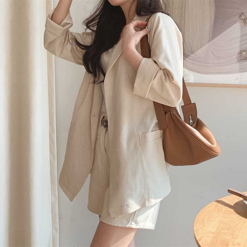 Two Button Simple Cotton Linen Suit Jacket Long Sleeve Thin Air-Conditioned Coat Female Blazer Office Ladies 210601