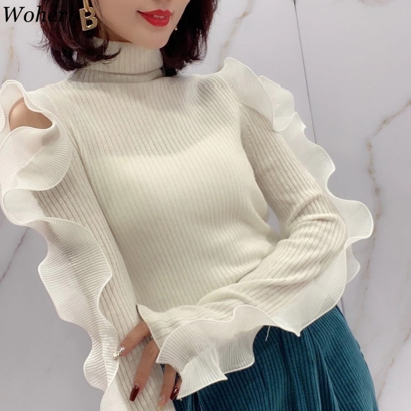 Fall Women Clothes Turtleneck Hollow Out Off Shoulder Knit Pullovers Ruffles Slim Fir Sweaters Jumper Sueter 210519