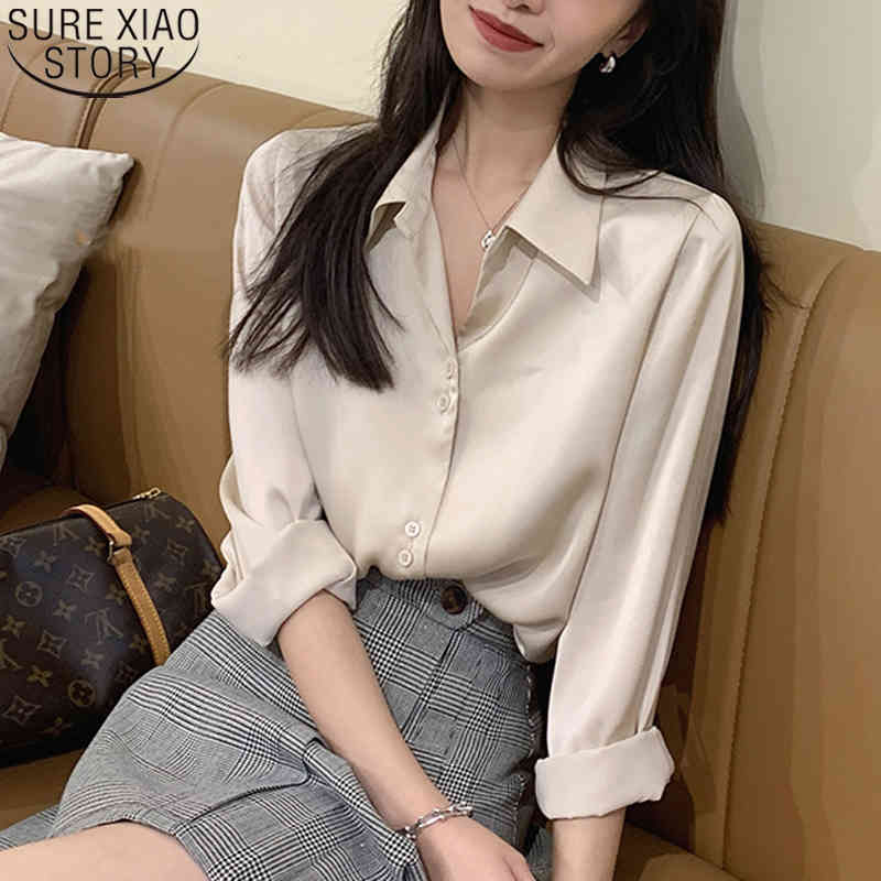 French Style Fashion Vintage Blouse Silky Satin Shirts Long Sleeve Shirt Women Solid 4 Colors Turn-down Collar Ladies Tops 11045 210506