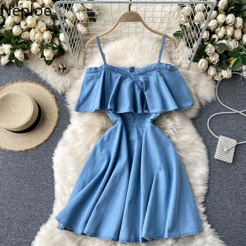 Neploe Sexy Off Shoulder Sling Women Mini Dress Korean Fashion Ruffles A-Line High Waist Female Dresses Summer Denim Vestidos 210422