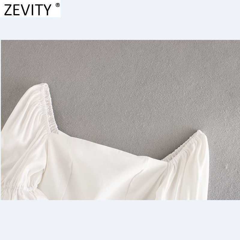 Zevity French Style Women Solid Color Square Collar Puff Sleeve Short Smock Blouse Lady Back Zipper Shirts Chic Crop Tops LS9358 210603