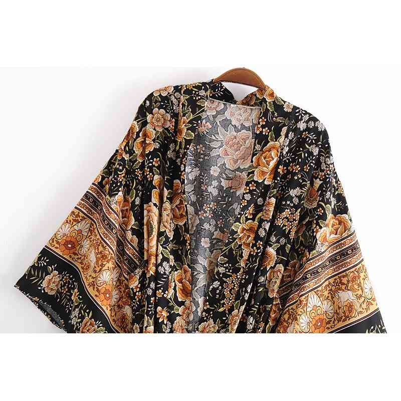 Bohemia V neck Orange Flower Print Long Kimono Shirt Black Ethnic Women Lacing up Bow Sashes Cardigan Loose Blouse Tops 210429