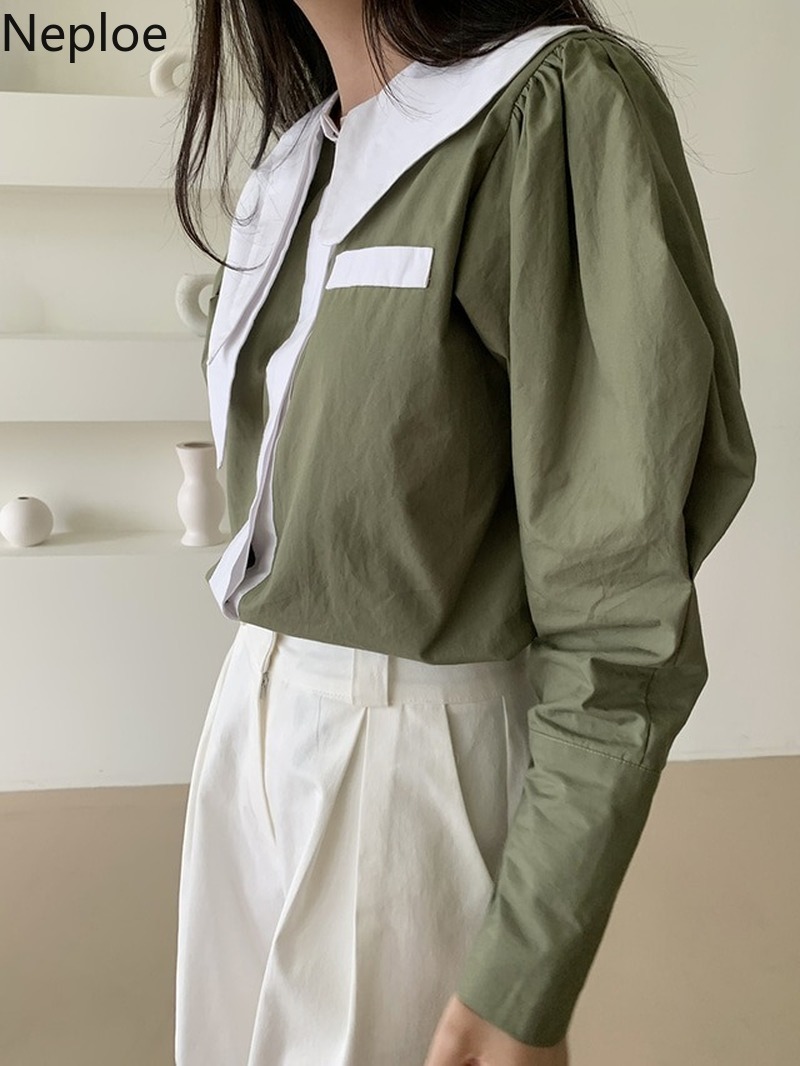 Neploe Women Blouses Irregula Peter Pan Collar Contrast Color Single Breasted Tops Korean Loose Long Sleeve Elegant Shirts 4h460 210422