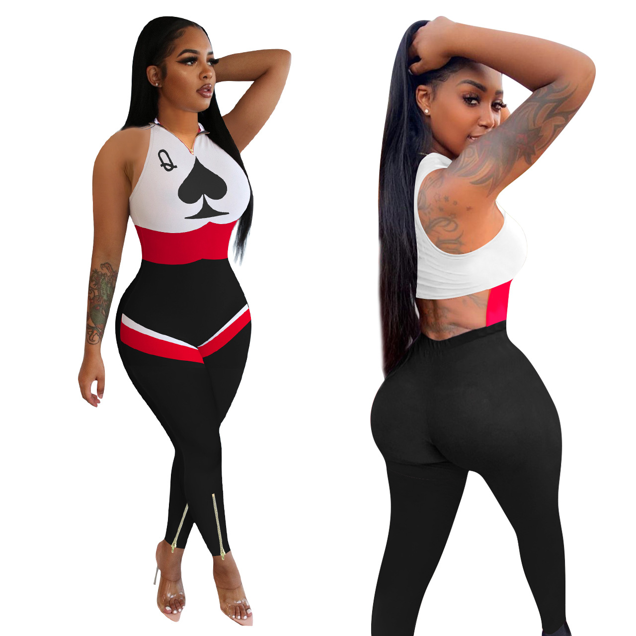 CM.YAYA Sexy Club Poker Card Patchwork Sleeveless Zipper Up Sport Women Jumpsuits Rompers Cut Out Back Elegant One Piece Overall, Black
CM.YAYA Sexy Club Poker Card Patchwork Sleeveless Zipper Up Sport Women Jumpsuits Rompers Cut Out Back Elegant One Piece Overall, Black