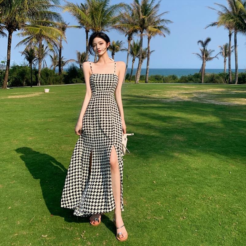 french plaid spaghetti strap women dresses square collar long summer beach split fork maxi for, Black;gray
french plaid spaghetti strap women dresses square collar long summer beach split fork maxi for, Black;gray