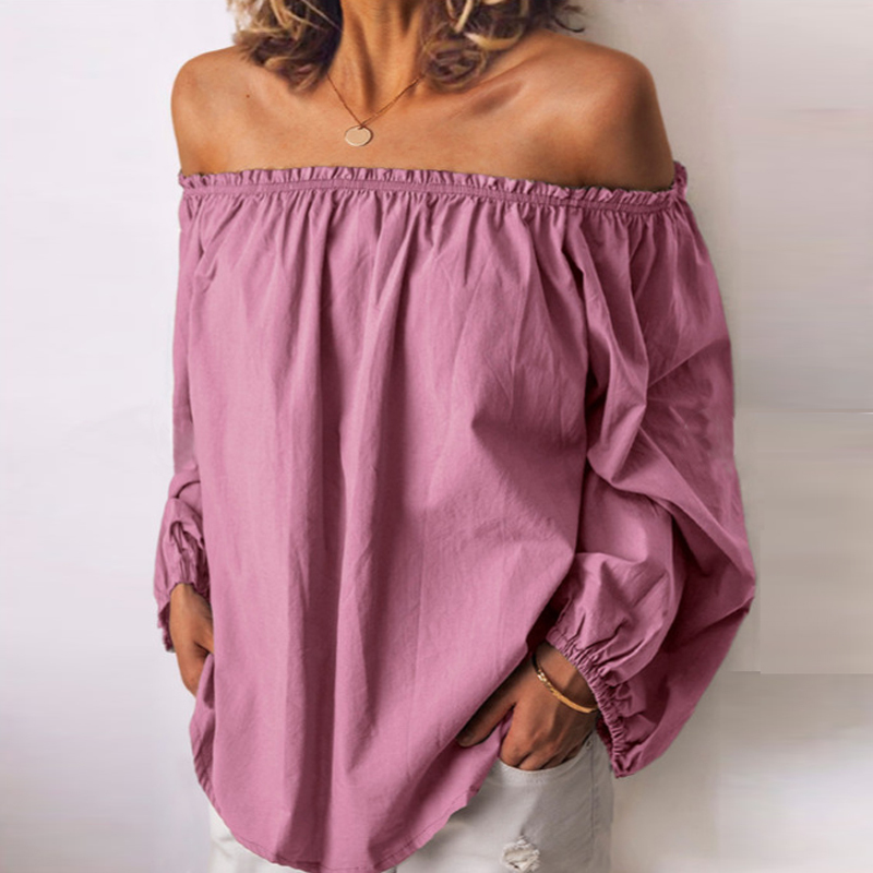 Fashion Women's Casual Solid Sexy Off Shoulder Long Sleeve Shirt Tops Pleated T-shirt Tops Slash Neck Solid Shirt Plus Size 210515