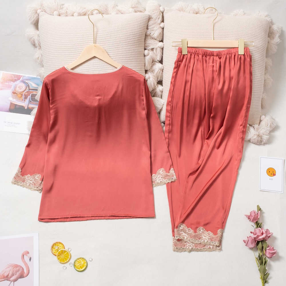 Lisacmvpnel Hollow Out Lace Sexy Ice Silk Pyjamas Women Long Sleeve Suit Pajamas 211007