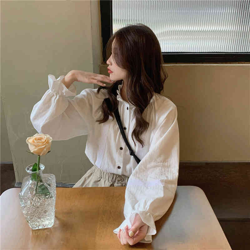 White Vintage Korean Shirt Women Stand Collar Lantern Sleeve Tops Solid Loose Fashion Ladies Blusas Femme 210514