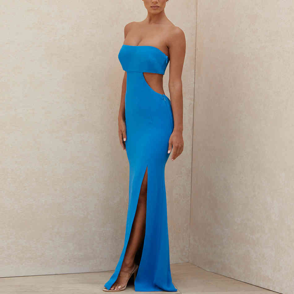 Summer Strapless Hollow Out Bodycon Bandage Dress Sexy Women Sleeveless Blue Club Celebrity Runway Party Dresses 210423