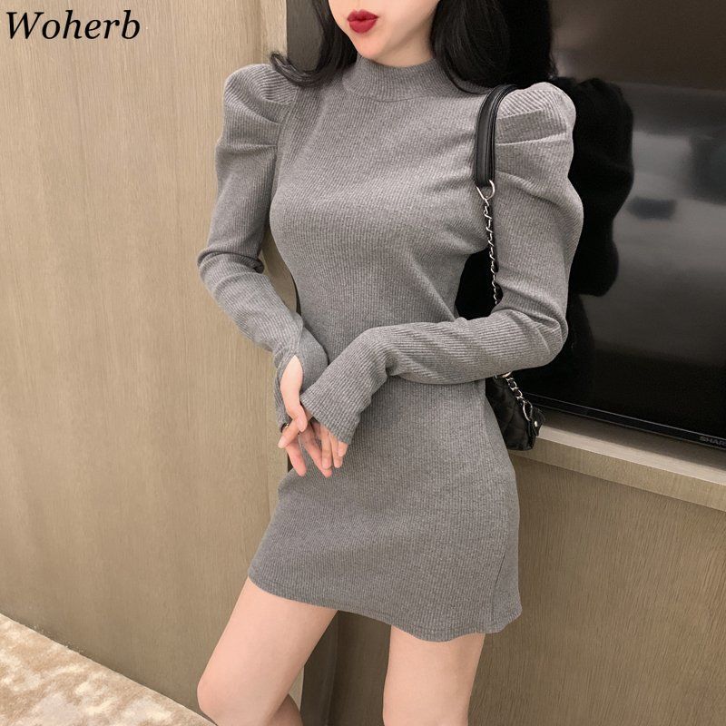 Sexy Slim Bodycon Dress for Women Half Turtleneck Knit Black Mini Woman Dresses Chic Elegant Robe Puff Sleeve Vestidos 210519