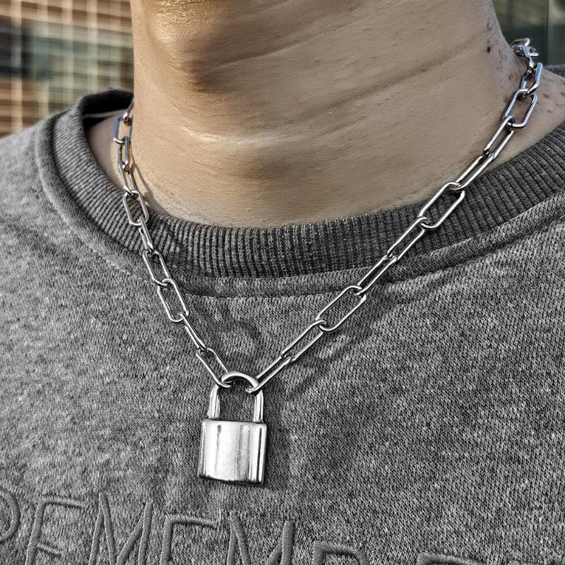 Pendant Necklaces Lock Necklace For Men Women 7mm Stainless Steel Paperclip Box Rolo Link Chain Gold Silver Color Couple Jewelry LDNM36