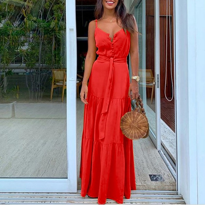 Summer Long Dress Pop Solid Color Button V-neck Sling Sleeveless Women Beach es Femme Robe with Belt 12855 210510