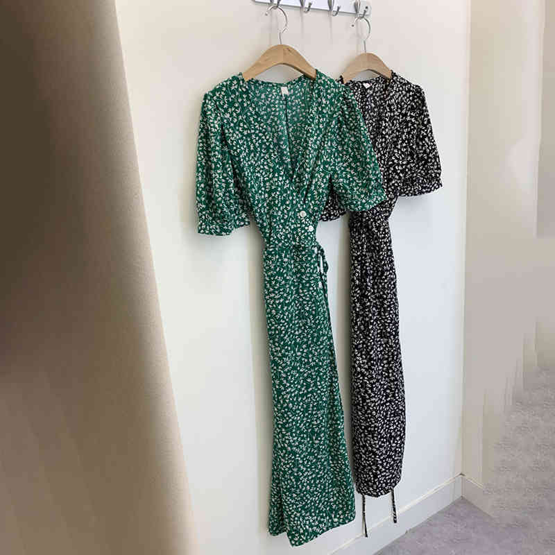 SHENGPLLAE Elegant Floral Dress Women's Summer V-neck Cross Single Breasted Lace Up Waist Short Sleeve Dresses 5C696 210427
