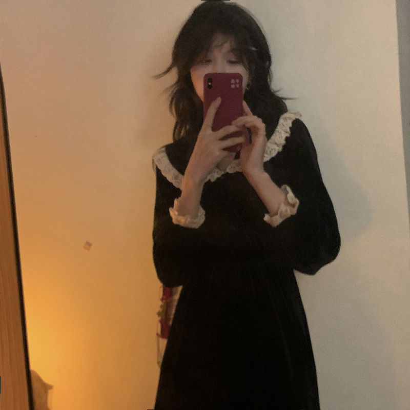 Spring Lolita style Women Long Dress Sweet Black Peter Pan Collar Cosplay Lace Velvet Full Sleeve Ladies es 210521
