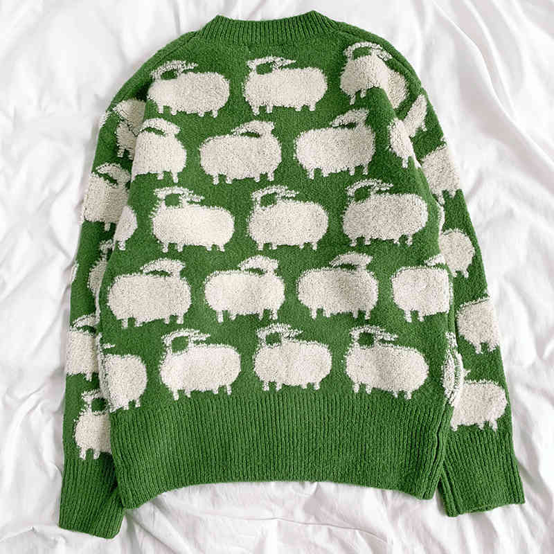 Kimutomo Cute Sheep Jacquard Sweater Women Warm Spring Autumn Chic Korean Girls O-neck Wild Long Sleeve Tops Knitwear 210521