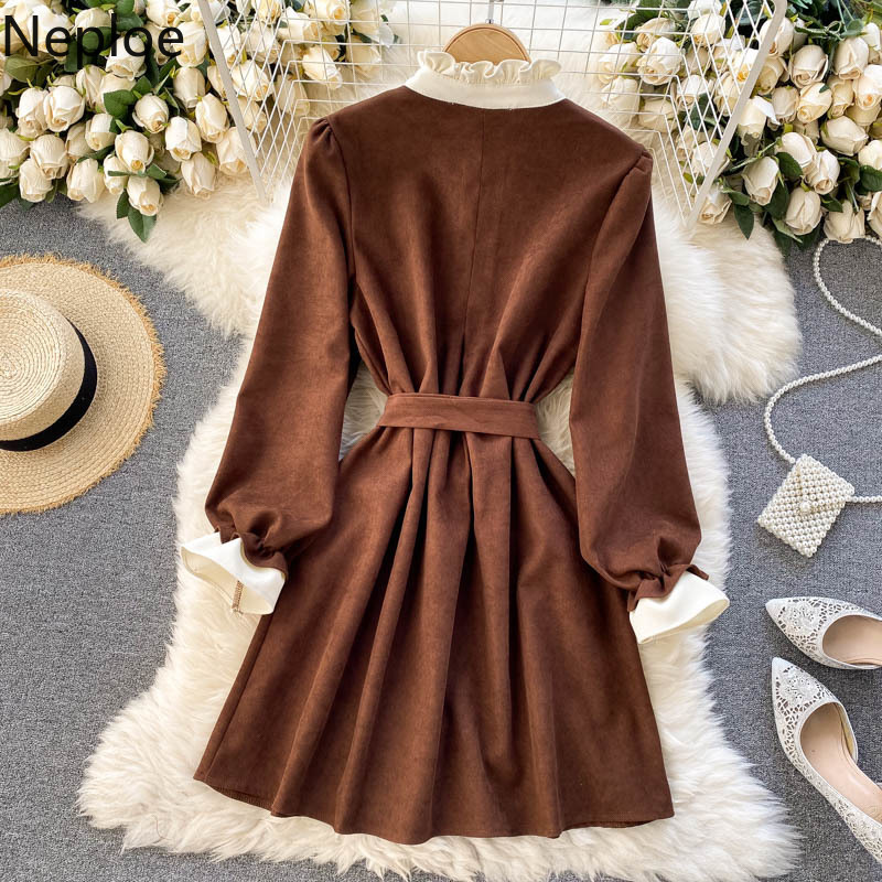 Neploe Vintage Woman Dress Chic Double-breasted Slim Mini Dresses Women Ruffles Flare Sleeve Lace Up Robe Vestidos 4G849 210422