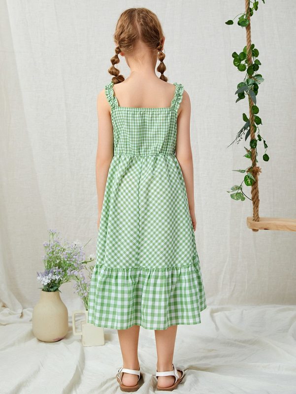 Girls Gingham Print Ruffle Hem Dress SHE