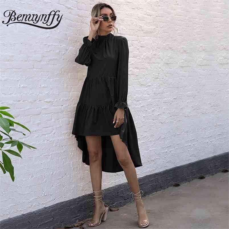 Mock Neck Bow Back Solid Pleated Asymmetrical Dresses Spring Women Highstreet Long Sleeve Female Casual High Low Dress 210510