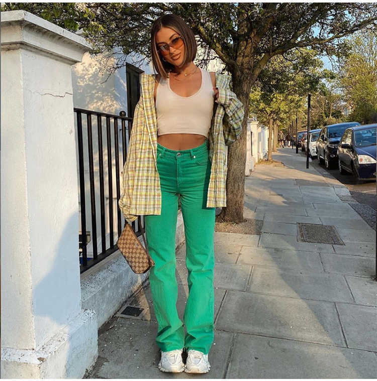 solid color jeans girl streetwear fashion clothing green slim straight leg pants hip-hop mom 210809