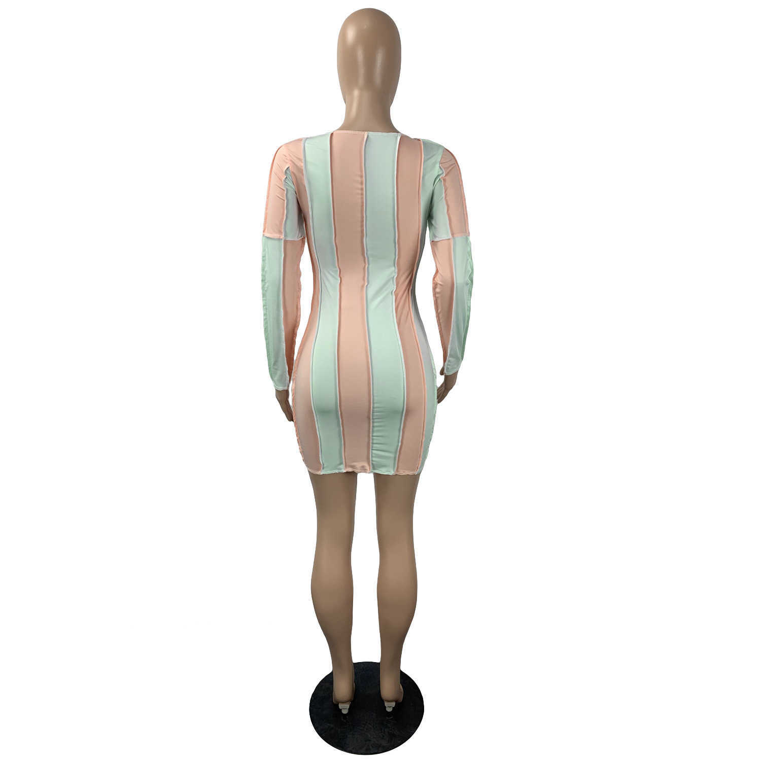 Women Long Sleeve Colorblock Patchwork Dress Sexy Slim Bodycon Mini Dresses 210702