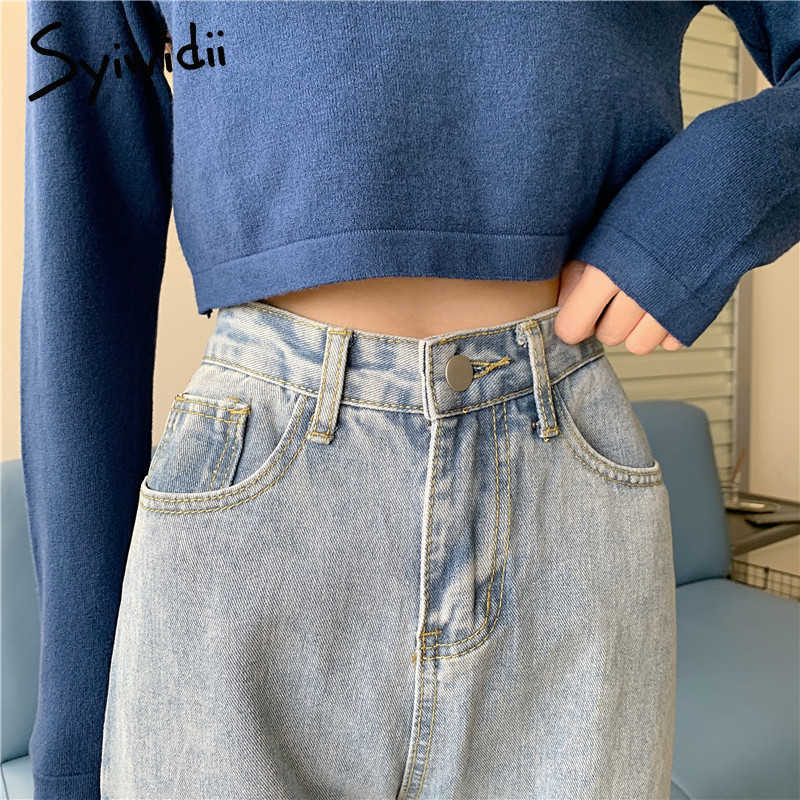 Syiwidii High Waisted Jeans for Women Straight Leg Denim Pants Bottom Vintage Streetwear Fashion Clothes Blue Black Spring 210922