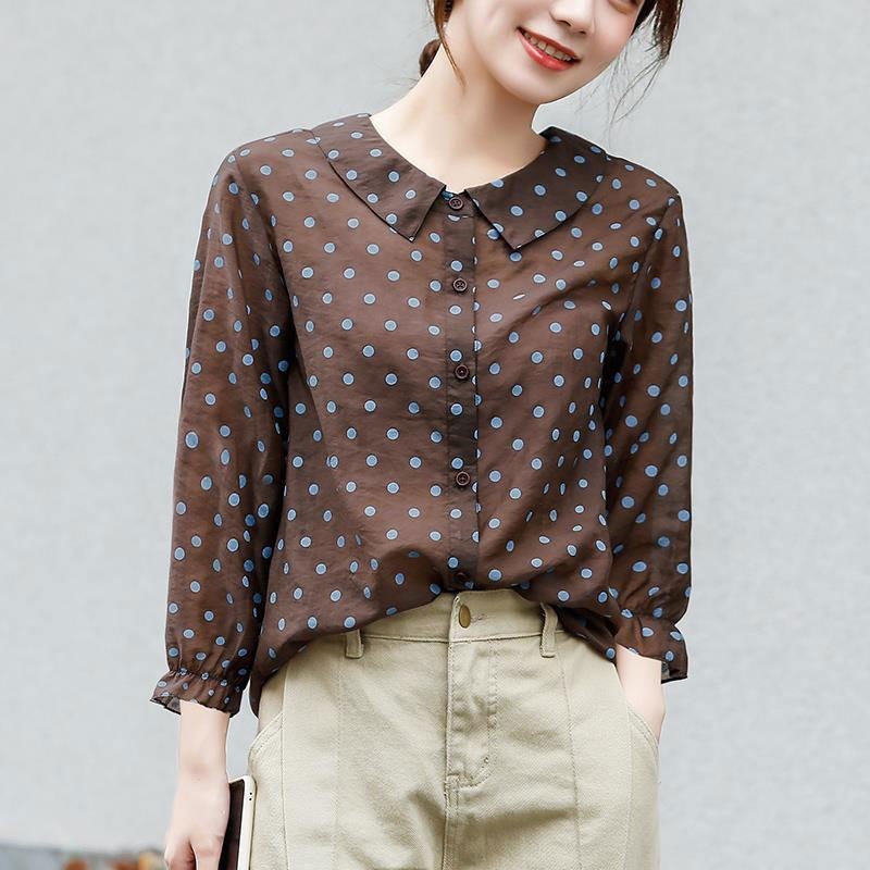 Spring Autumn Korea Fashion Women 3/4 Sleeve Polka Dot Print Loose Shirts Sweet Cute Peter Pan Collar Blouses Tops V56 210512