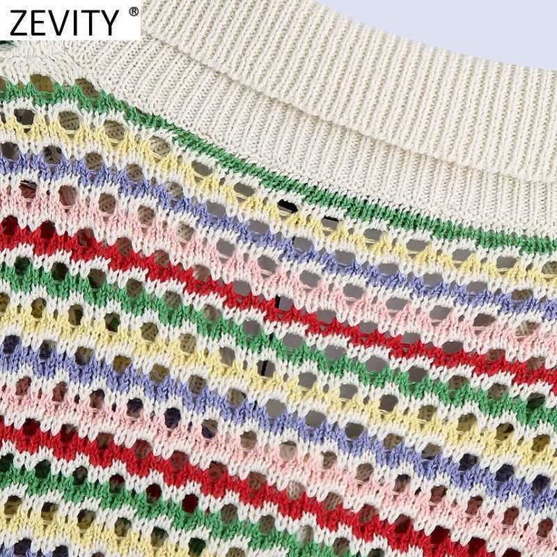 Zevity Women Rainbow Striped Print Hollow Out Crochet Knitted Sweater Coat Female Chic Breasted Jacquard Cardigan Tops SW803 210918