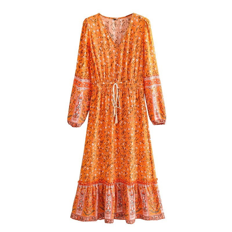 Bohemia Buttons V neck Floral Print BOHO Long Sleeve Dress Woman Bow Strappy Elastic Waist Midi Holiday Dresses 210429