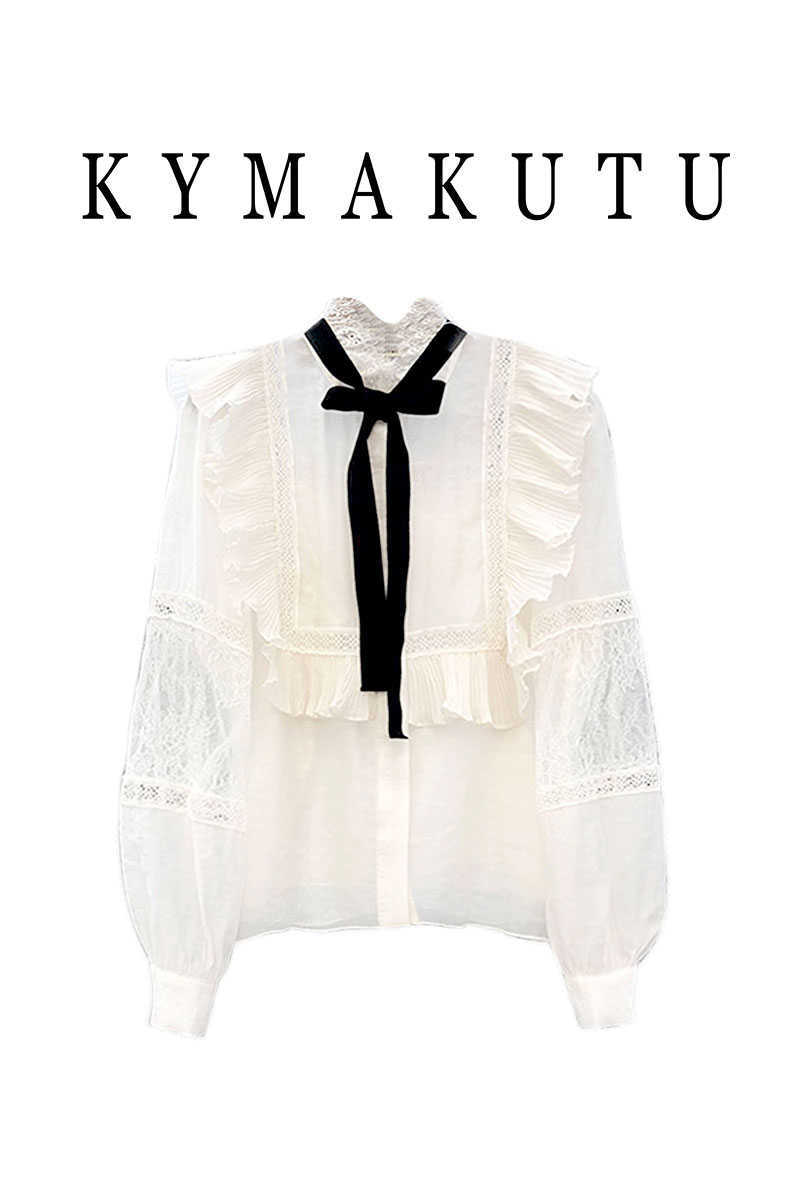 VANOVICH Korean Spring and Summer Stand Collar Bow Lotus Leaf Side Lace Shirt Female Casual Women-blouses 210615Z