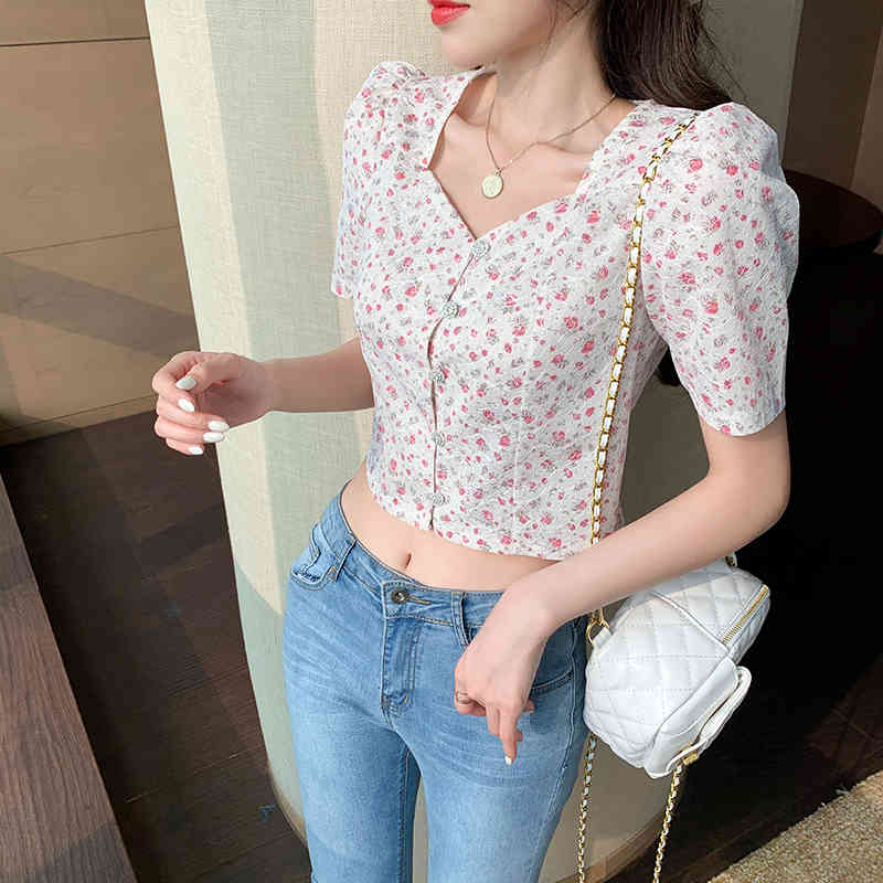 Korean Summer Fashion Sweet Flowers Print Blouses Women Temperament Square Neck Puff Sleeve Short Shirt Tops Female Blusas 210518