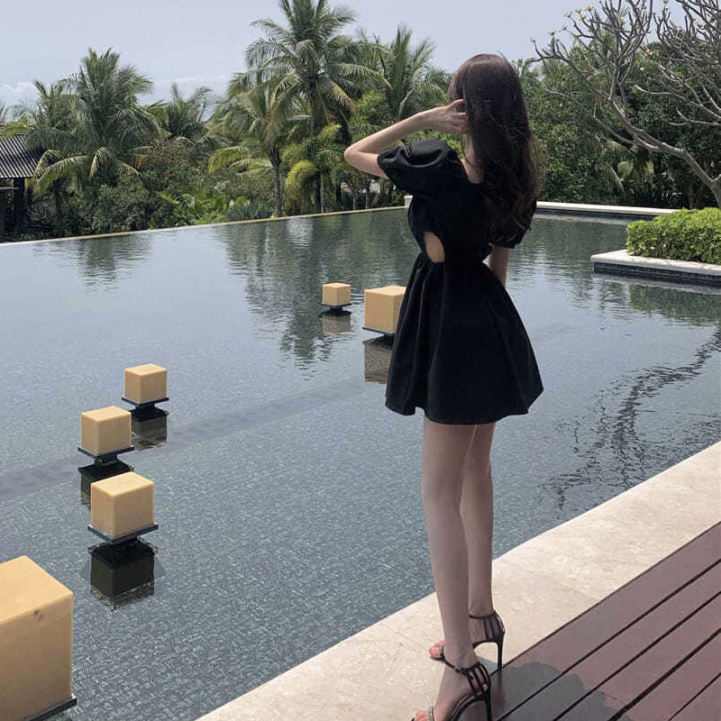 Summer Short Sleeve White Elegant Dress Women Square Collar Mini Dress Evening Party Dress for Females Korean Style Chic 210521