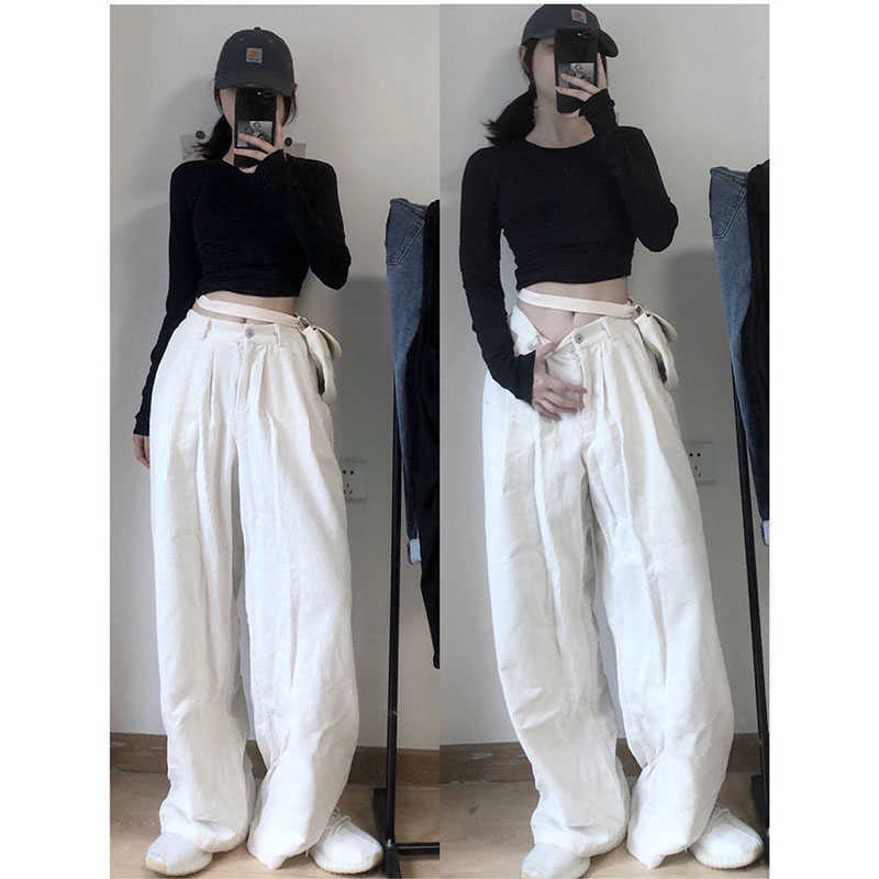 White Corduroy Wide Leg Pants for Women All Match Loose Straight High Waist Drape Casual Trousers 210615
