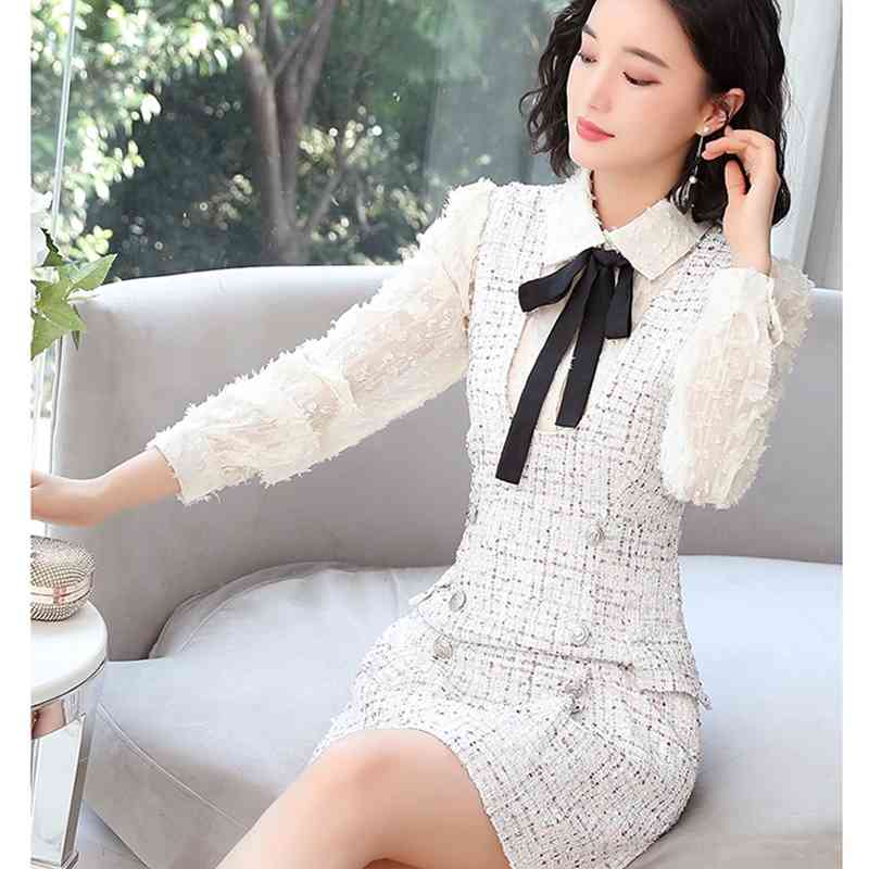 Autumn And Winter Two Piece Dress Set Women Long sleeve Bow Shirt Tweed Suit Casual Robe Femme 210520