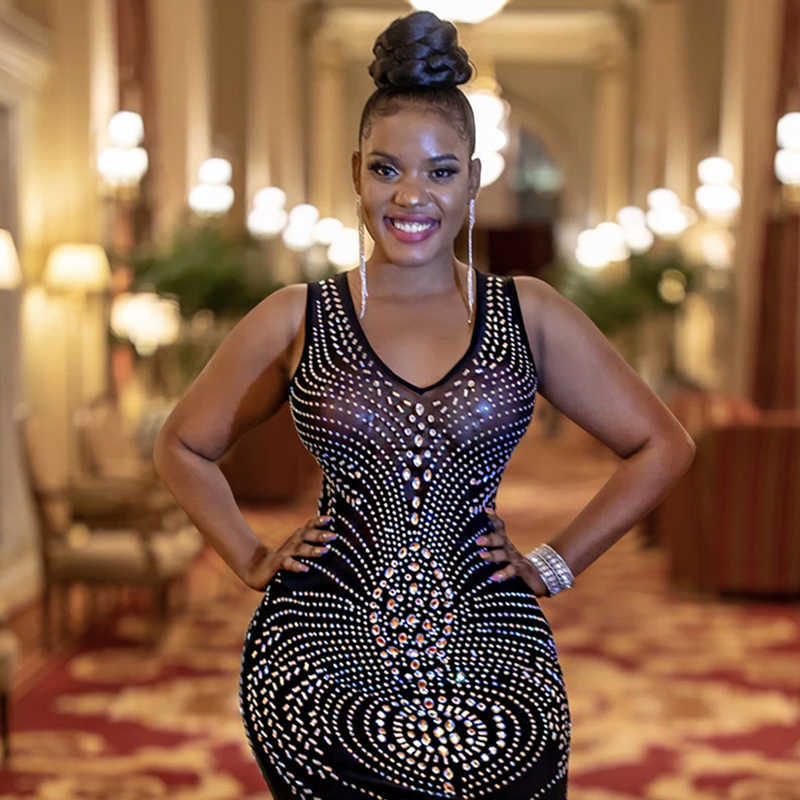 Colysmo Black Midi Dress Sparkling Diamond Hollow out V Neck Sleeveless Sexy Bodycon for Women Party Club Chic Vestidos 210527