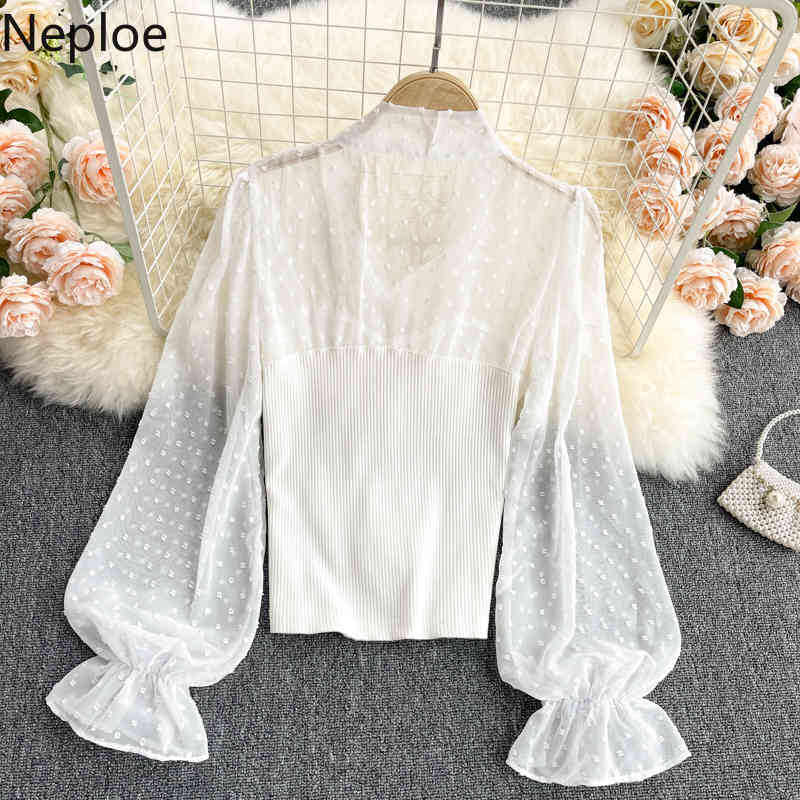 Neploe Women Clothing Patchwork Puff Sleeve Bow White Shirt Korean Fashion Polka Dot Blouses See Through Chiffon Blouse 4h736 210422