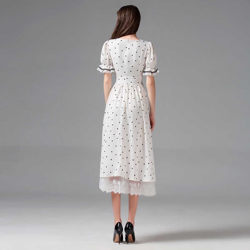 vintage retro polka dot v-neck puff sleeve white dress women summer party patchwork lace high waist ruched midi dresses 210421
