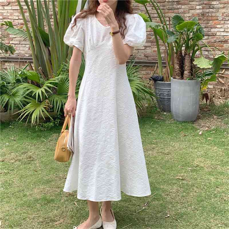 Korean Chic Dress Female Summer Gentle Vintage V-Neck Dark Jacquard Lace-Up Waist Puff Sleeve Party Dress Casual Dress 210515