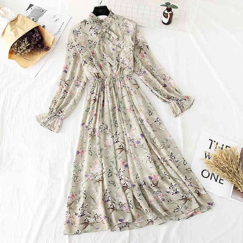 Women Dress Spring Summer Korean Fashion Vintage Floral Print Chiffon Midi Dress Ladies Elegant Dresses Clothes 210521