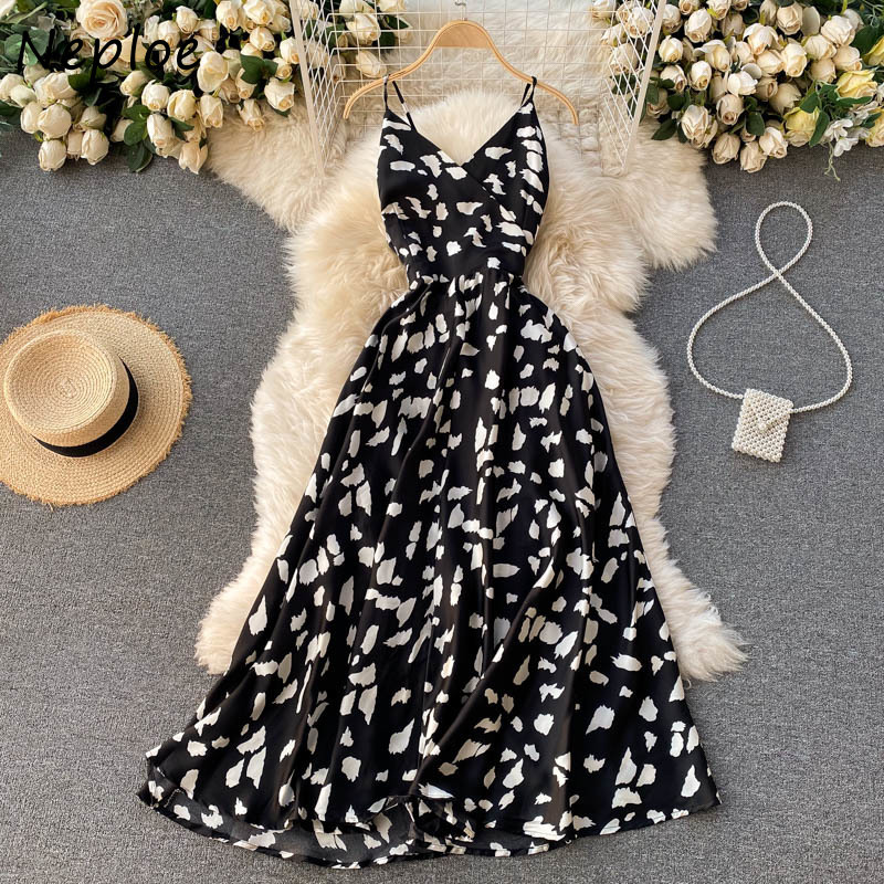 Neploe Vintage Print Holiday Long Dress Women High Waist Hip A Line Vestidos Summer Dresses V Neck Sleeveless Camis Robe 210422