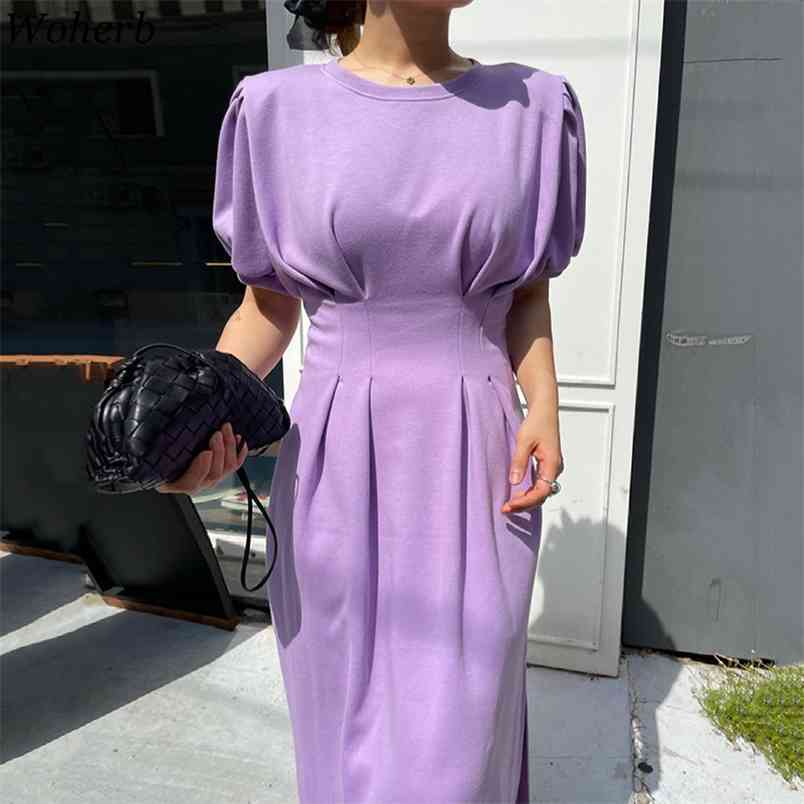 Vintage Puff Sleeve Dress Midi Summer A-Line Women Elegant Vestidos Largos Verano Robe Korean Solid Dresses Elegante 210519