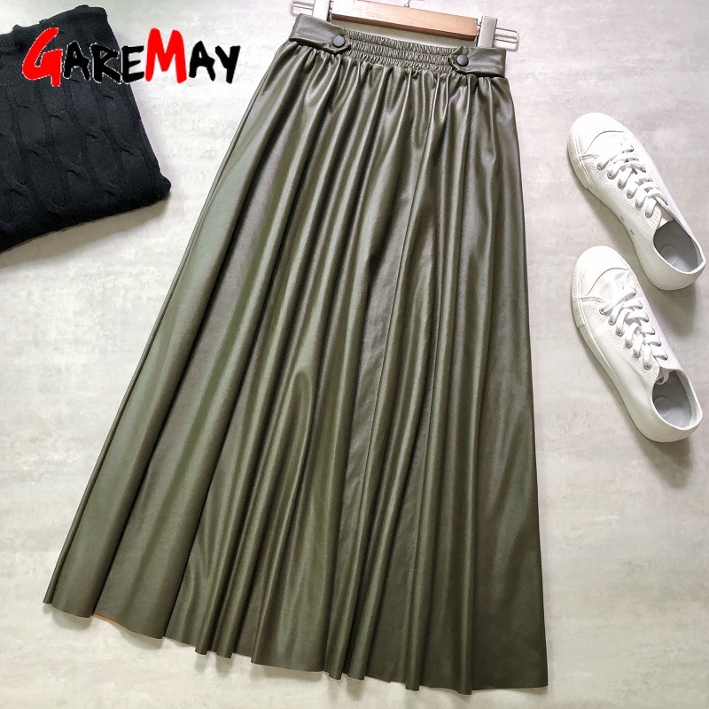 Winter women's leather skirt pleated black long s for women vintage pu faux High-waisted female 210428