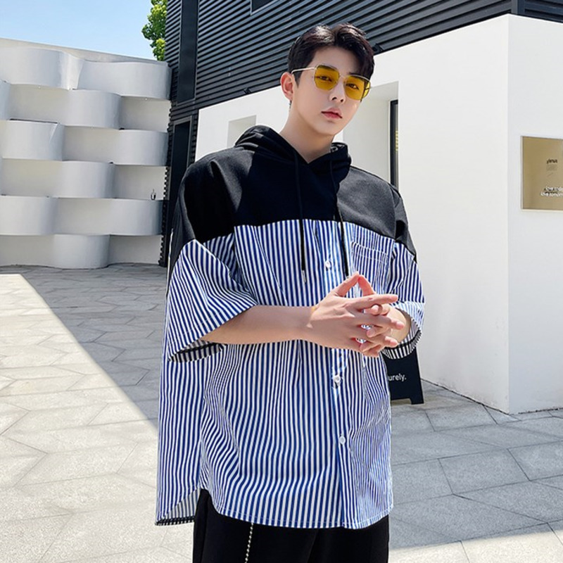 IEFB Korean Fashion Patchwork Sweatshirts Style Short Sleeve Pullovers Shirts Summer Blue Striped Oversized Tops 9Y7228 210524